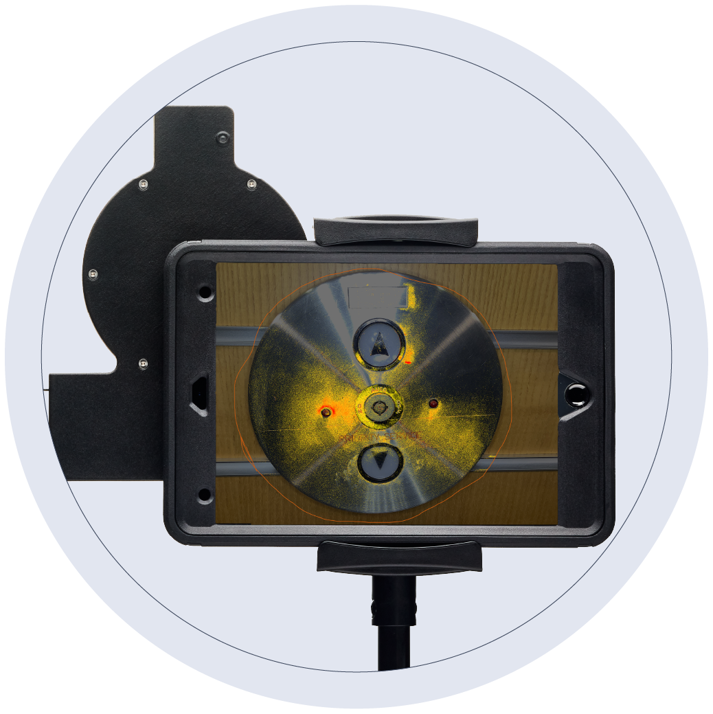 Tablet showing Optisolve Pathfinder imaging results of contamination left on elevator buttons