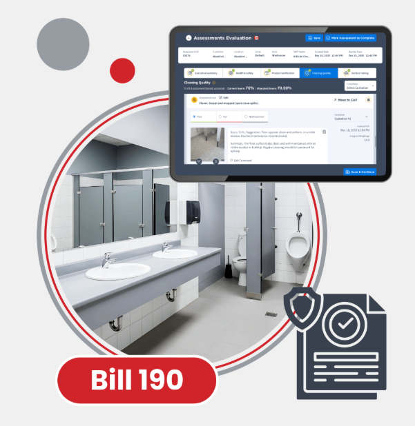 Ontario Bill 190 washroom compliance requirements timeline showing key dates from October 2024 to January 2026"